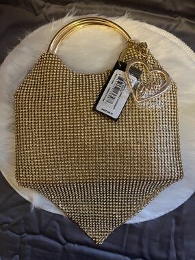 Bebe Gold Crystal Mesh Top-Handle Bag with Heart Charm